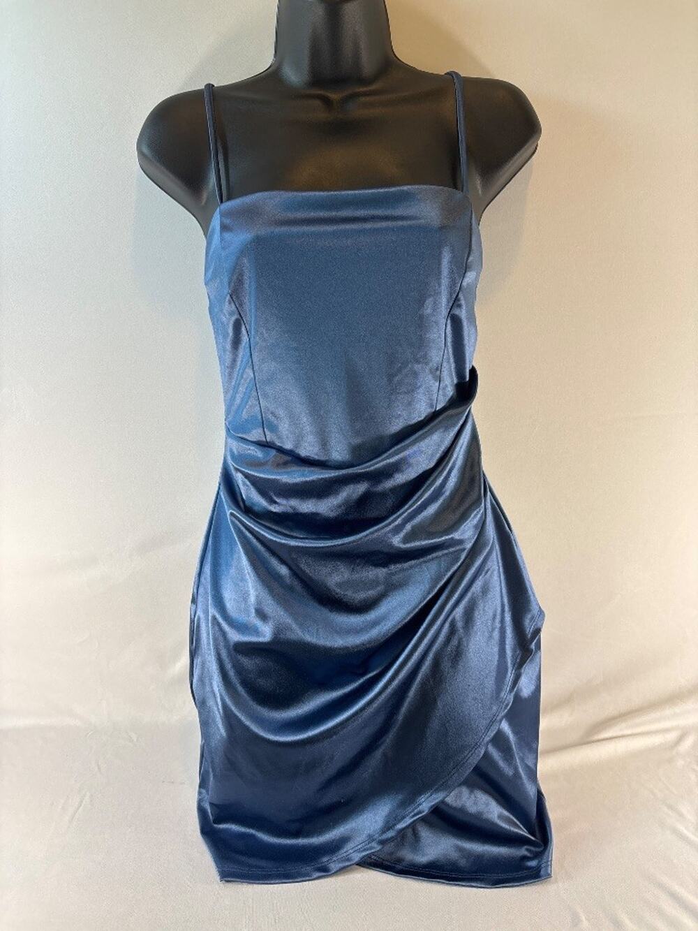 Windsor‎ Satin Ruched Mini Dress Blue Sleeveless Square Neck Size L